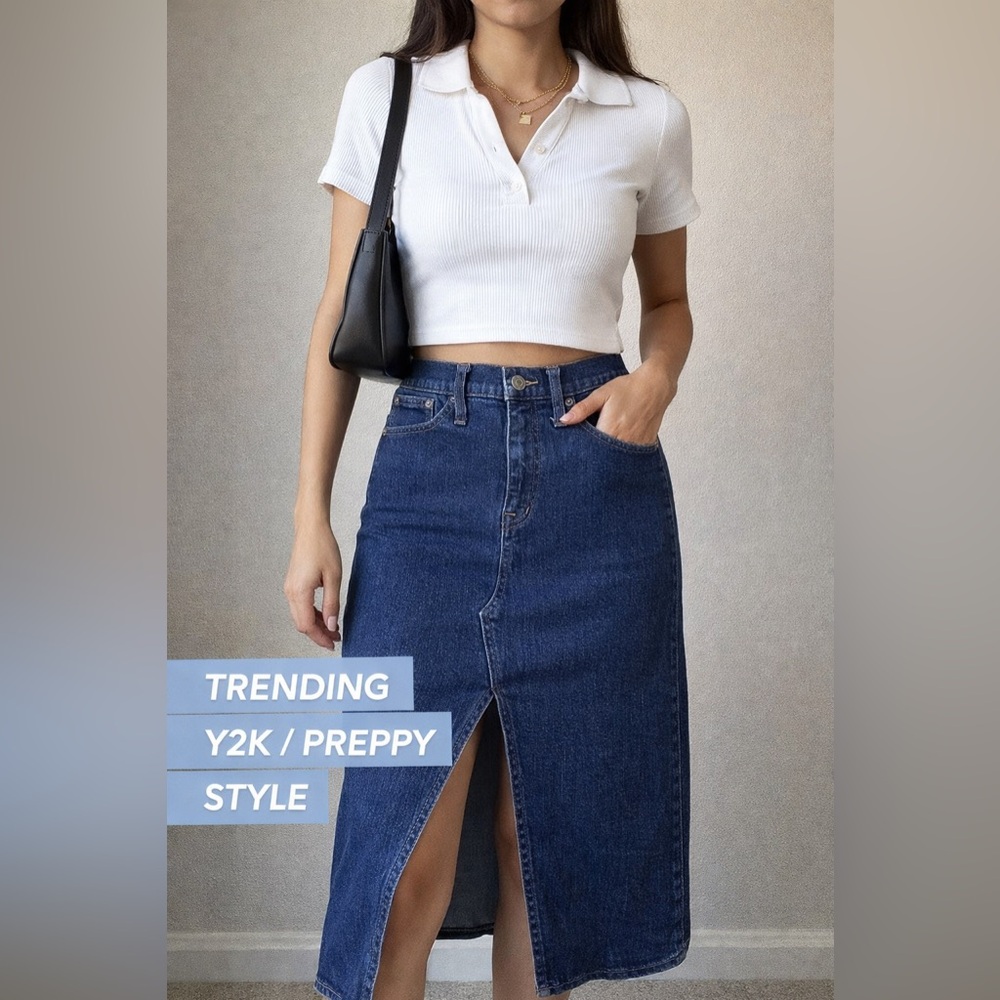 J.Crew Denim Midi Skirt Slit Front Sz 26 Preppy Y2K Chic Trend